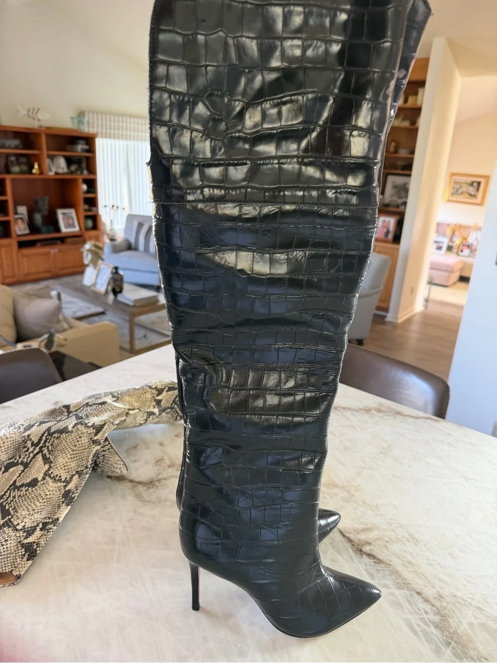 SCHUTZ Black Croc-Embossed Over-the-Knee Stiletto Boot